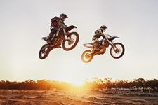 Motocross Riders Jumping Over Sunset Motorcycle Bike Photo Photograph Race Racetrack Dirt Cool Wall Decor Art Print Poster 24x16