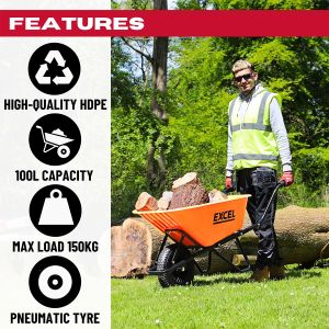 Excel Heavy Duty Wheelbarrow Cart – 100L HDPE Tray, 150kg Capacity