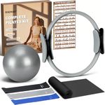 Pilates Kit 9Pcs Home Pilates Set with 13'' Ring, 8'' Ball and 4 Resistance Bands for Women & Men, Pilates Workout Equipment Set for Beginners with Professional Pose Guides & Tote Bag (Dusty Blue)