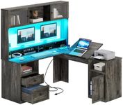 YITAHOME L Shaped Desk with Drawers & Hutch, 61" Computer Desk with Power Outlets & LED Lights, Corner Office Desk with Storage Cabinet, Drafting Table, Wood Desk, Grey