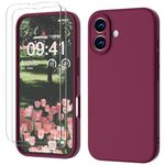 GOODVISH 3 IN 1 for iPhone 16 Case 6.1 inch, Upgraded Camera Protection, 2X HD Screen Protector, Liquid Silicone Anti-Scratch Shockproof Gel Rubber Anti-Fingerprint Phone Case Cover, Wine Red