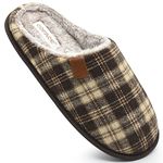 COFACE Mens Brown Khaki Flano Plaid Memory Foam Mule Slippers Slip On Warm Fluff House Indoor/Outdoor Shoes With Anti-skid Sole Size 9