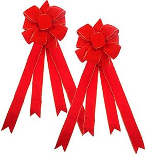 Christmas Red Large Bows 2 Pcs with Colorful Gift Box, Gold Wired Red Velvet Bows with Long Tails for Christmas Tree Topper and Wreath Floral Decoration Ideal for Wedding Birthday Party