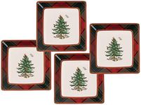 Spode Christmas Tree Tartan Square Tidbit Plates (Set of 4) - 5" Holiday Appetizer Platter for Christmas Entertaining - Traditional Tartan Plaid with Iconic Tree Motif - Microwave and Dishwasher Safe