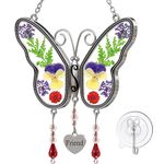 KUNDGLA Friends Gifts for Birthdays Butterfly Suncatcher Stained Glass Wind Chime with Pressed Flower Wings Embedded in Glass with Metal Trim Friend Heart Charms Sun Catchers