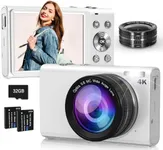 Digital Camera, 4K 64MP Digital Camera with Wide Angle Lens, Autofocus 16X Digital Zoom YouTube Compact Point Shoot Vlogging Camera with 32GB Card, 2 Batteries, for Beginners/Adults(White)