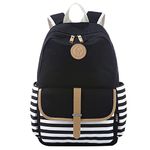 S-ZONE French Breton Nautical Striped Backpack Rucksack Marine Sailor Navy Stripy School Bags for 15.6 Inch Laptop with Padded Compartment Teenager Girls Boys Children’s Backpacks(Black)