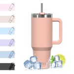 WATERSY Travel Mug Coffee Cup 40oz Tumbler Straw Lid and Handle, Stainless Steel Double Wall Vacuum Insulated Coffee Water Bottle Thermos for Cold Hot Coffee 1182ml Pink