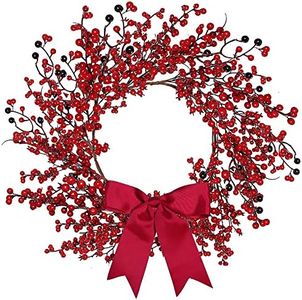 Sggvecsy 18 Inch Artificial Christmas Wreath Red Berry Wreath Handmade Winter Wreath with Bowknot Christmas Decoration for Front Door Home Indoor Outdoor Farmhouse Wall Window Xmas Holiday