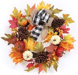 Fashionwu 20 Inch Thanksgiving Wreaths for Front Door, Fall Harvest Wreath with Buffalo Plaid Pumpkin and Maple Leaf Decorations, Thanksgiving Wreath for Home Outside Farmhouse Indoor Decor