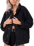 Oversized Denim Jacket for Women Long Sleeve Classic Loose Jean Trucker Jacket, Black Washed,Medium…