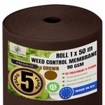 GARDELAND Weed Membrane Heavy Duty Brown -PREMIUM 5 YEARS UV Treatment- 50m x 1m Roll Permeable and Anti-Tear, Weed Control Fabric -Does NOT FRAY when cut 90 gsm Barrier Fabric Geotextile Made in EU