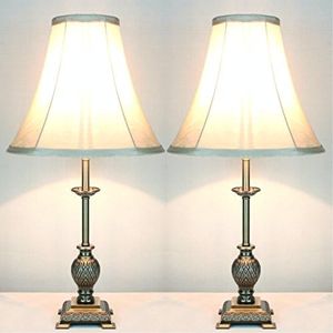 Pair of New Vintage Traditional Antique Classic Style Bronze Metal Table Bedside Lamp with Light Gold/Cream Fabric Shade Set of 2 (220)