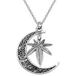 BEKECH Marijuana Leaf Charm Crescent Moon Necklace Marijuana Leaf Jewelry Cannabis Weed Necklace (Silver)