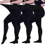 Footed Tights Plus Size - 3 Pack Straight Crotch Queen Size Pantyhose, Sheer & Opaque Tights, for Chubby Women, Girls - Black -