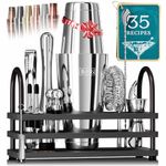 BARE BARREL® Cocktail Making Kit | 14-Piece Bartender Kit Cocktail Shaker Set Maker | Display Stand & 35 Recipe Cards | Mixology Cocktail Gift Set (800ml/28oz Boston Shaker, Silver/Black)