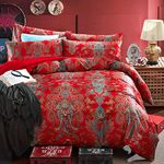 mixinni King Size Duvet Cover Set Paisley Light Blue Long Staple Cotton Percale Farmhouse Pattern Duvet Cover on Red Vintage Floral Bedding Comforter Cover with 2 Pillowcases Perfect for Him and Her