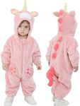 LOLANTA Baby Girls Unicorn Costumes, Infant Romper, Toddler Halloween Costume, Fleece Hooded Jumpsuit, Cute Pink Bodysuit (Pink, 9-12months)
