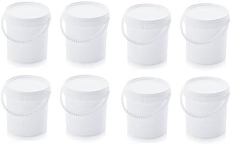 8 x Buckets 1.0 L with Lid Food Safe 1 Litre White Plastic Bucket with Plastic Handle 1.18 L Set of 8