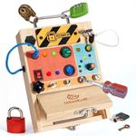 Woodtoe 3-in-1 Busy Board with Led Light Switch, Montessori Toddler Screwdriver Board, Sensory Lock and Key Toys, Educational Fine Motor Skills Travel Toys for Toddlers Boys and Girls 3 4 5 Year Old
