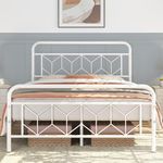 Yaheetech 4ft6 Double Bed Frames Vintage Sturdy Metal Platform Bed with Large Storage/Diamond Pattern Headboard/Easy Assembly/Embeded Design Bed Base, White Double Bed