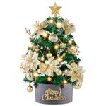 Yeauhwov Mini Christmas Tree: 2ft Small Christmas Tree with Lights, Tabletop Artificial Xmas Tree with Star Treetopper, LED String Light & Ball Ornaments, for Desk Christmas Decors Home Office Party