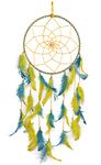 ILU® Dream Catchers, Wall Hangings, Home Decor, Handmade Dreamcatcher for Bedroom, Balcony, Garden, Party, Cafe, Small Ring Beaded Yellow & Blue Feathers, 17cm Diameter, Length 51cm