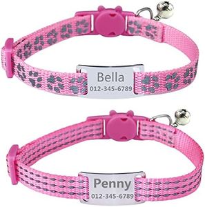 THAIN Personalized Cat Collar with Name tag Engraved Custom cat id tag Slide-On Reflective cat Collar Breakaway with Bell for Girls & Boys,2 Pack(Pink)