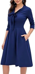 oxiuly Women's Vintage Bow Tie V-Neck Pockets Casual Work Party Cocktail Swing A-line Dresses OX278 (L, Navy Blue so7F)