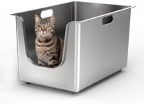 PTLOM Stainless Steel Cat Litter Tray L 30cm High Sides Cat Litter Box, Rust-Proof, Leak-Proof. Low Entry for Senior Cats, Wheels for Easy Moving—Great for Multi-Cat Households 58x38x30cm
