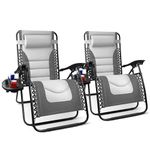 KEPLIN Set of 2 XXL Premium Heavy Duty Textoline Zero Gravity Chairs - Luxurious Garden Recliners, Adjustable Headrest, Cup & Phone Holder, Foldable & Easy to Clean Patio Sun Loungers(Light/Dark Grey)