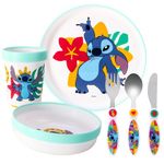 Stitch Kids 6 Piece Reusable Dinner Set - Plate/Bowl/Cup/Knife/Fork/Spoon - Childrens Dinnerware Tableware Cutlery Set