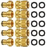 Garden Hose Quick Connectors, Solid Brass 3/4 inch GHT Thread Easy Connect Fittings No-Leak Water Hose Male Female Value Pack (5 Set) with 10pcs Extra Rubber