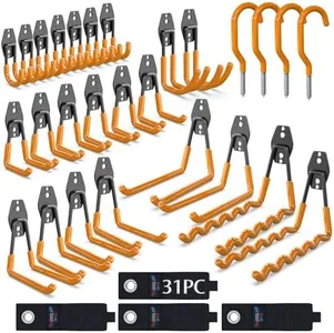 3-H Garage Storage Hooks,Garden Tool Organizer 31Pack,Garage Hooks Heavy Duty,Garage Hooks with 1 Extra Strengthen Welding Point for Hanging Ladder Organizing Chair Shovel Weed Eater Hose(Orange)