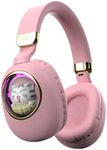 Girls Kids Headphones Wired - Pink Noise Cancelling Wireless Headphones for Kids for School - Over Ear Light Up Foldable Cat Bluetooth Gaming Headset with Microphone for iPad Kindle Tablet PC Travel