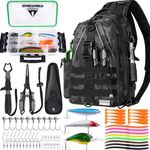 Ghosthorn Fishing Backpack with Tackle Boxes, Fish Pliers, Fish Lip Gripper, Lures, Waterproof Tackle Bag with Rod Holder, Fishing Gear Sling Bag Gift For Men Women Anglers (Black)