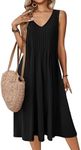 Zeagoo Casual Summer Midi Pleated Tank Sundress with Pockets V Neck Tshirt Dress A Line Spring Below Knee Length Hawaiian Beach Dress 2025 Black L