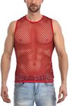 Gary Majdell Sport Men's See Through Spandex Fish Net Fitted Muscle Tank Top for Club, Beach, or Gym Wear (Red, Medium)