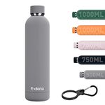 Exllena Insulated Water Bottles 1l with Clip, Double Wall Vacuum Drinks Bottle Keeps Drinks Cold 24 Hrs/Hot 12 Hrs, Stainless Steel Water Bottle BPA Free(Grey)