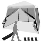 Tangkula 10x10 Ft Pop Up Canopy with Netting, Slanted Leg Outdoor Canopy with Roller Bag, 4 Sand Bags, 8 Stakes, 4 Ropes, Instant Canopy Tent with Easy Set-up Center Lock for Patio (White)