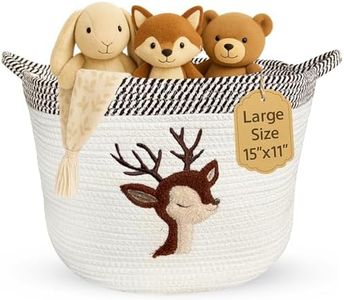 KEMINA BLANKETS Deer Storage Basket for Nursery – 15”x11” Cotton Rope Bin with Soft Felt Animal Patch – Toy Organizer, Baby Laundry Hamper, Diaper & Towel Holder – Foldable, Washable & Baby-Safe