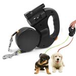 Double Head 10 ft Retractable Dog Leash with Integrated Waste Bag Dispenser Flashlight 360°Tangle Free Anti-Slip Handle Reflective Nylon Tape One Button Brake(Small Medium Dog Up to 15 kg,Black)