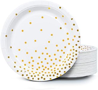 MATICAN Lot de 100 assiettes jetables en papier blanc et doré à pois en aluminium 22,86 cm