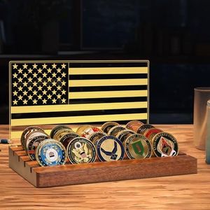 CoolGift Mart Challenge Coin Display, Light up Coin Holder American Flag with Warm White Color Light, 4 Row Holder Wooden Rack Gift for Military Army for Him Father, Military Coin Holder Display Case