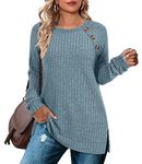 Aokosor Jumpers for Women Lightweight Long Sleeve Tops Ladies Button Side Splits Tunic Blue Size 18-20