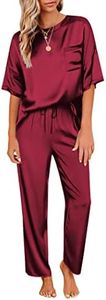 Ekouaer Pijama Mujer Satin Conjunto de Pijama Manga Corta Mujer de 2 Piezas Ropa de Dormir Pantalones Larga, Vino Rojo, S