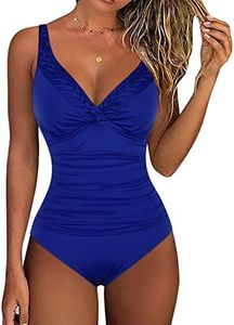 Hilor Women's One Piece Swimsuits Pin Tucked Surplice Swimwear Tummy Control Bathing Suits Monokinis Royal Blue 10