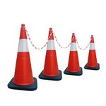 Frontier Road Traffic Cone, Pack of 4 Safety Cones 775mm with 150mm Reflective Tape & 4 mtr Plastic chain (Heavy-Duty Cones for Parking Lot, Driving Training, Traffic Cone with Rubber Weighted Base)