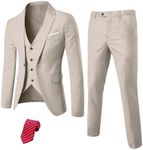 YND Men's Slim Fit 3 Piece Suit Set, One Button Solid Blazer Vest Pants with Tie, Beige, X-Small