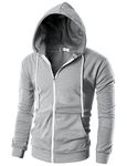 OHOO Mens Slim Fit Long Sleeve Lightweight Zip-up Hoodie with Kanga Pocket/DCF002-GREY-L